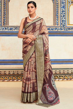 Purplish Brown Printed Dola Silk Saree