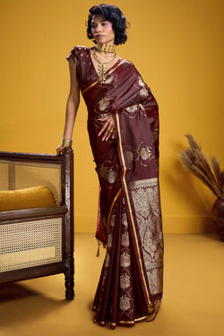 Purplish Brown Zari Woven Banarasi Satin Silk Saree