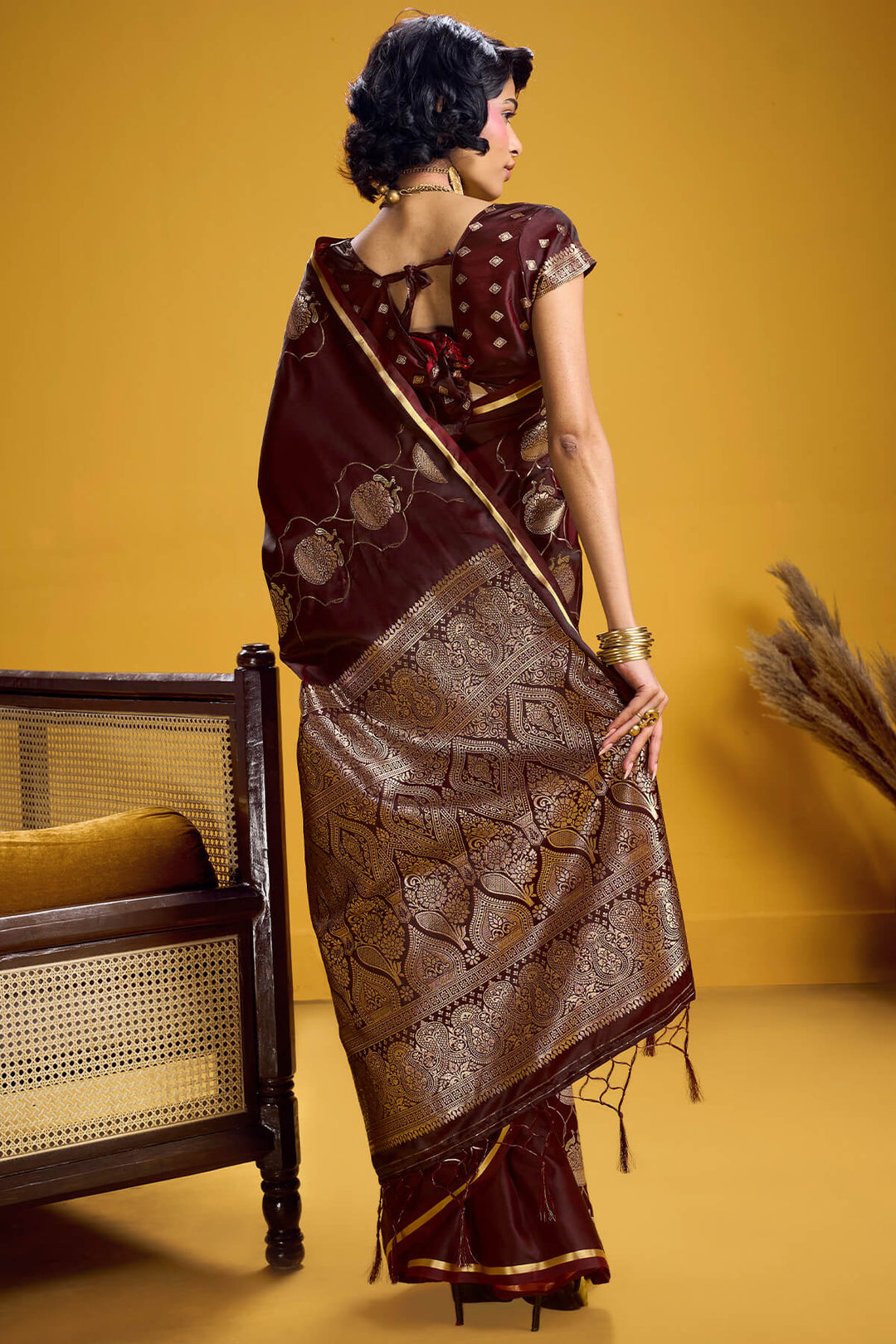 Purplish Brown Zari Woven Banarasi Satin Silk Saree