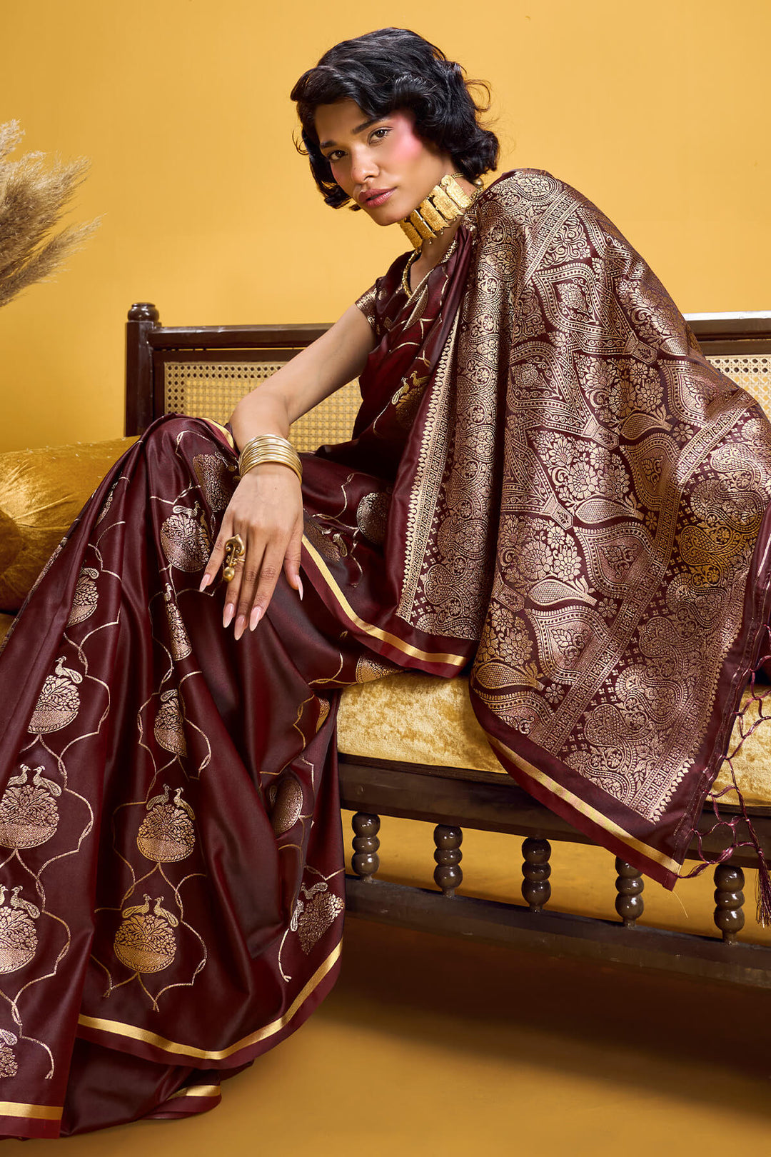 Purplish Brown Zari Woven Banarasi Satin Silk Saree