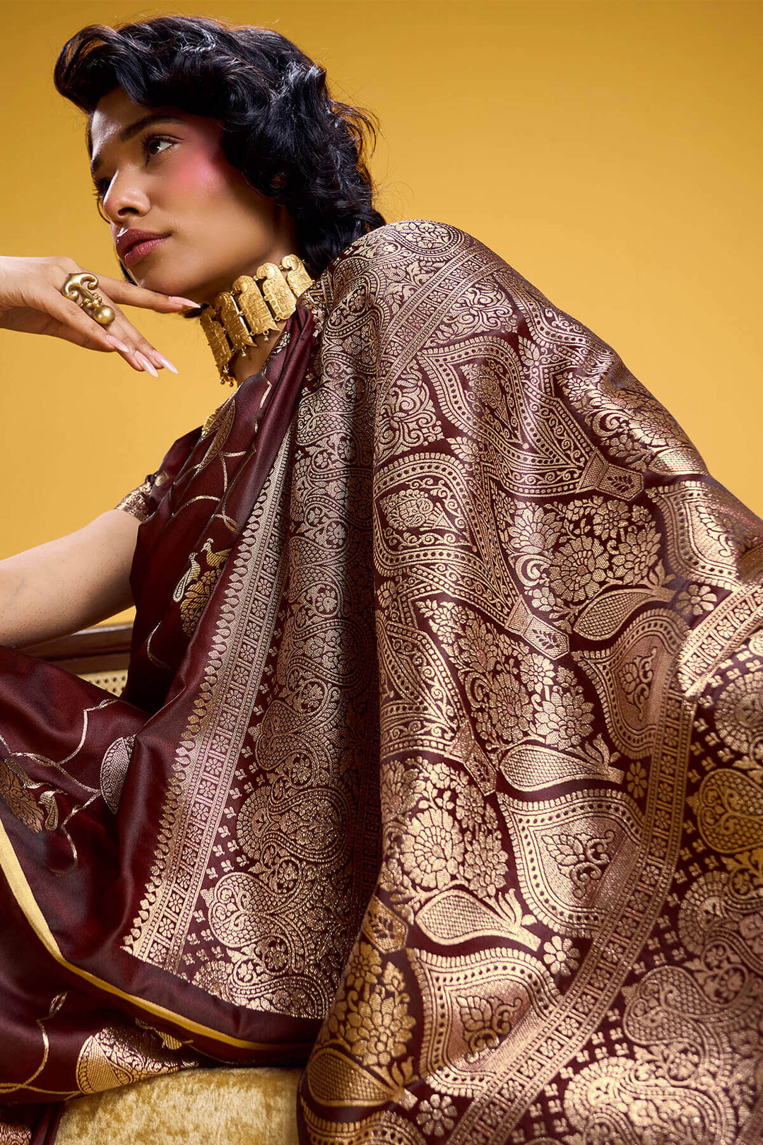 Purplish Brown Zari Woven Banarasi Satin Silk Saree