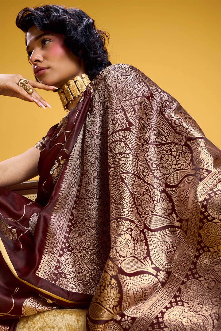 Purplish Brown Zari Woven Banarasi Satin Silk Saree