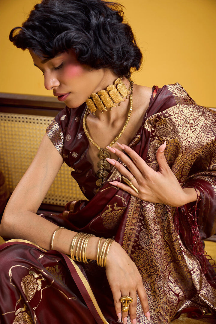 Purplish Brown Zari Woven Banarasi Satin Silk Saree