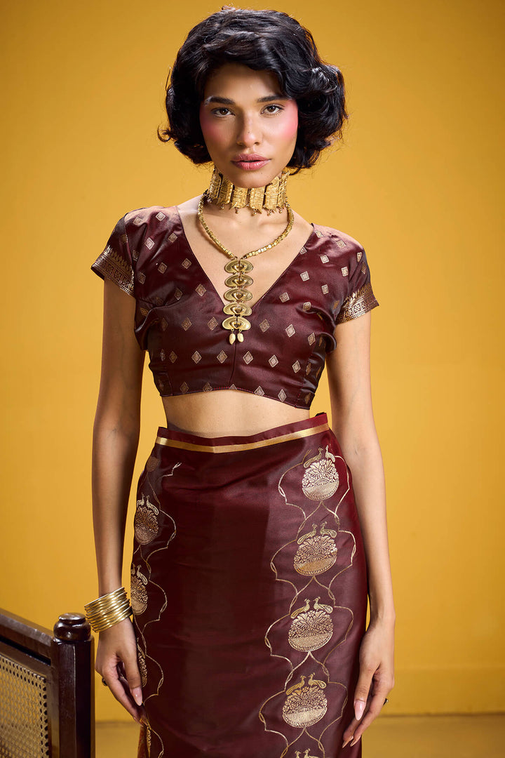Purplish Brown Zari Woven Banarasi Satin Silk Saree