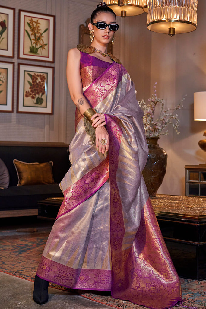 Purplish Grey Banarasi Tissue Silk Saree