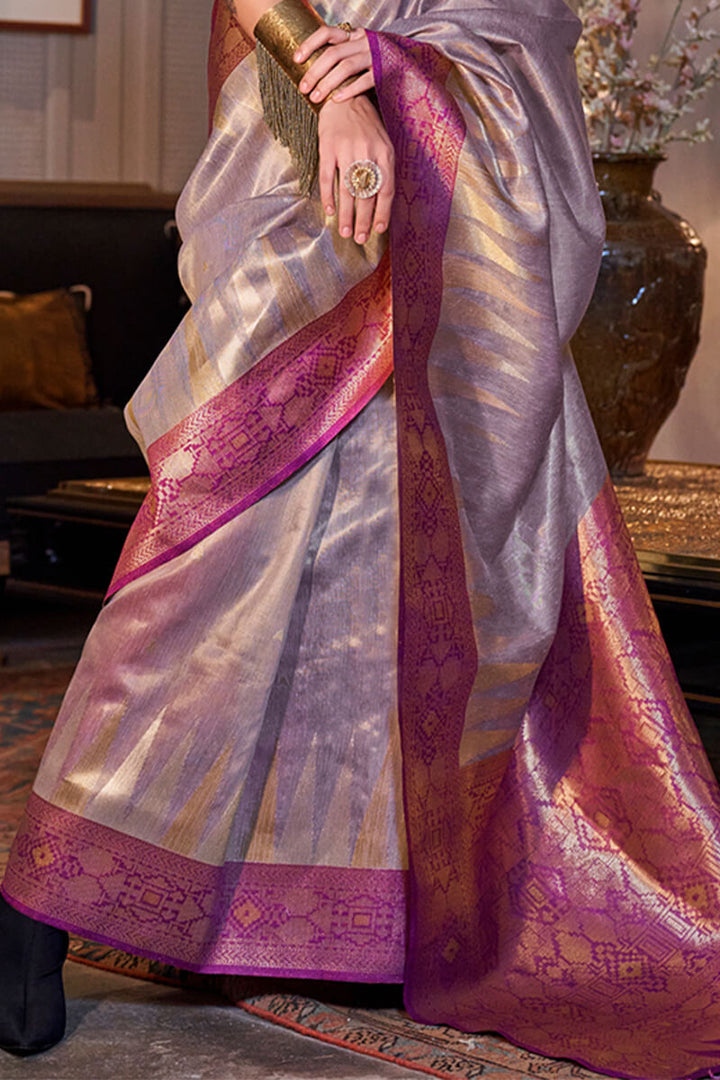 Purplish Grey Banarasi Tissue Silk Saree