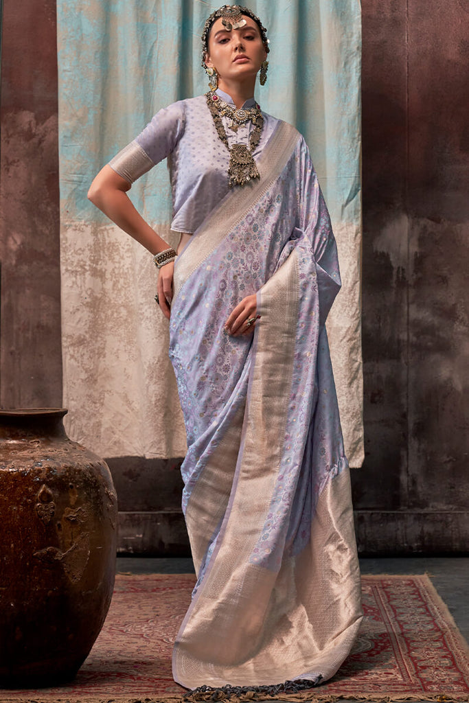 Purplish Grey Handloom Banarasi Satin Silk Saree