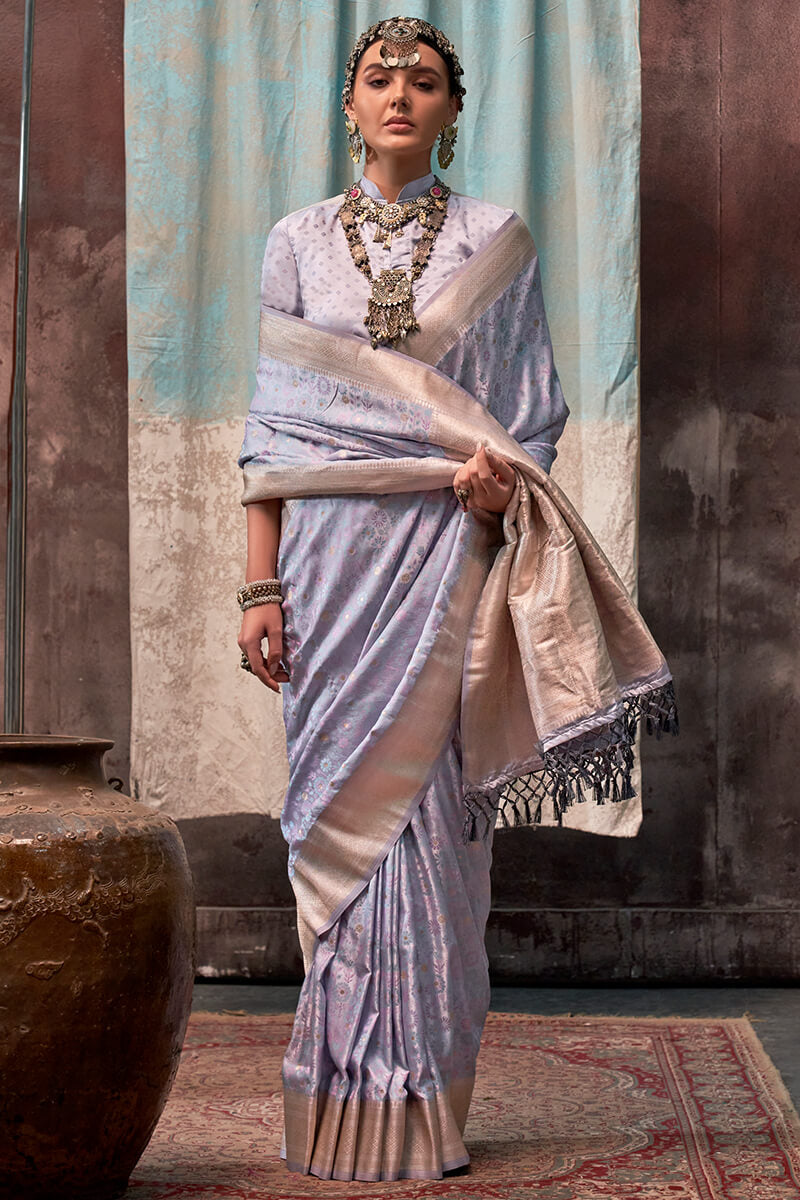 Purplish Grey Handloom Banarasi Satin Silk Saree