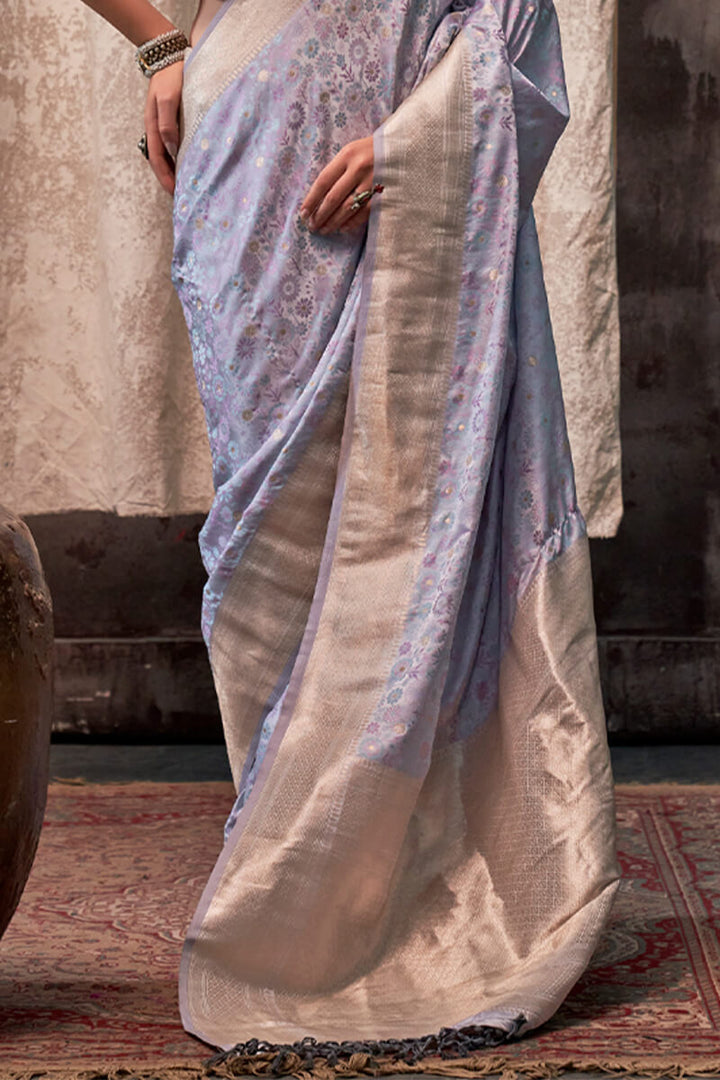 Purplish Grey Handloom Banarasi Satin Silk Saree