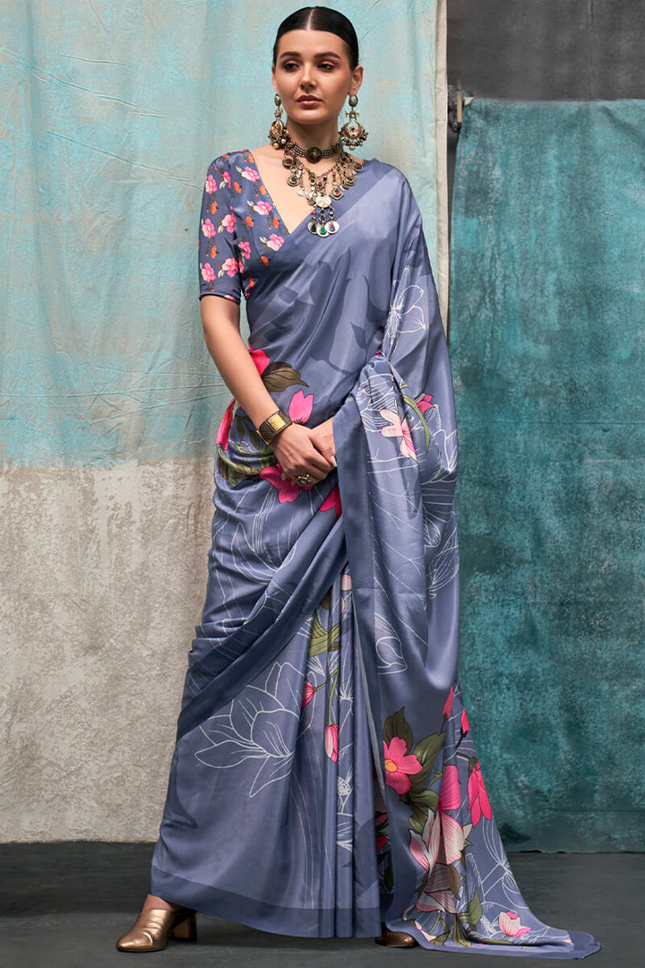 Purplish Grey Printed Crape Silk Saree