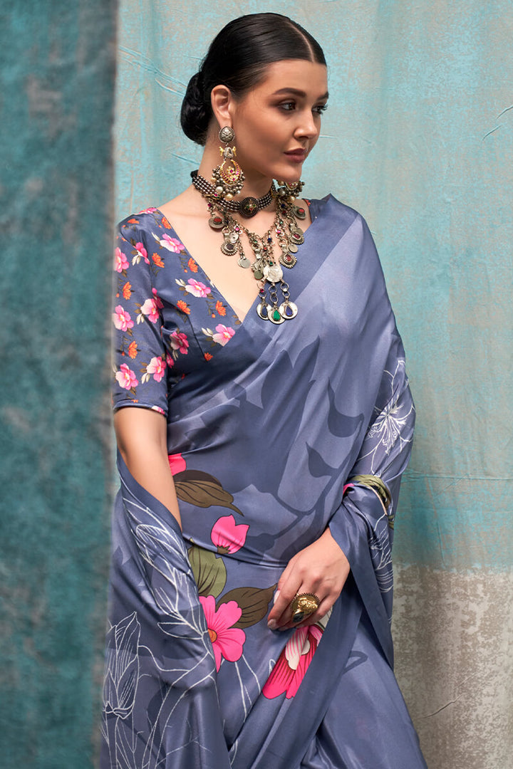 Purplish Grey Printed Crape Silk Saree