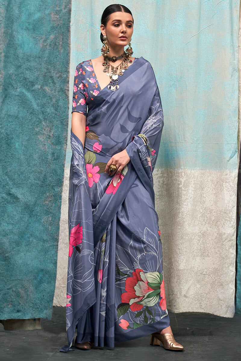 Purplish Grey Printed Crape Silk Saree