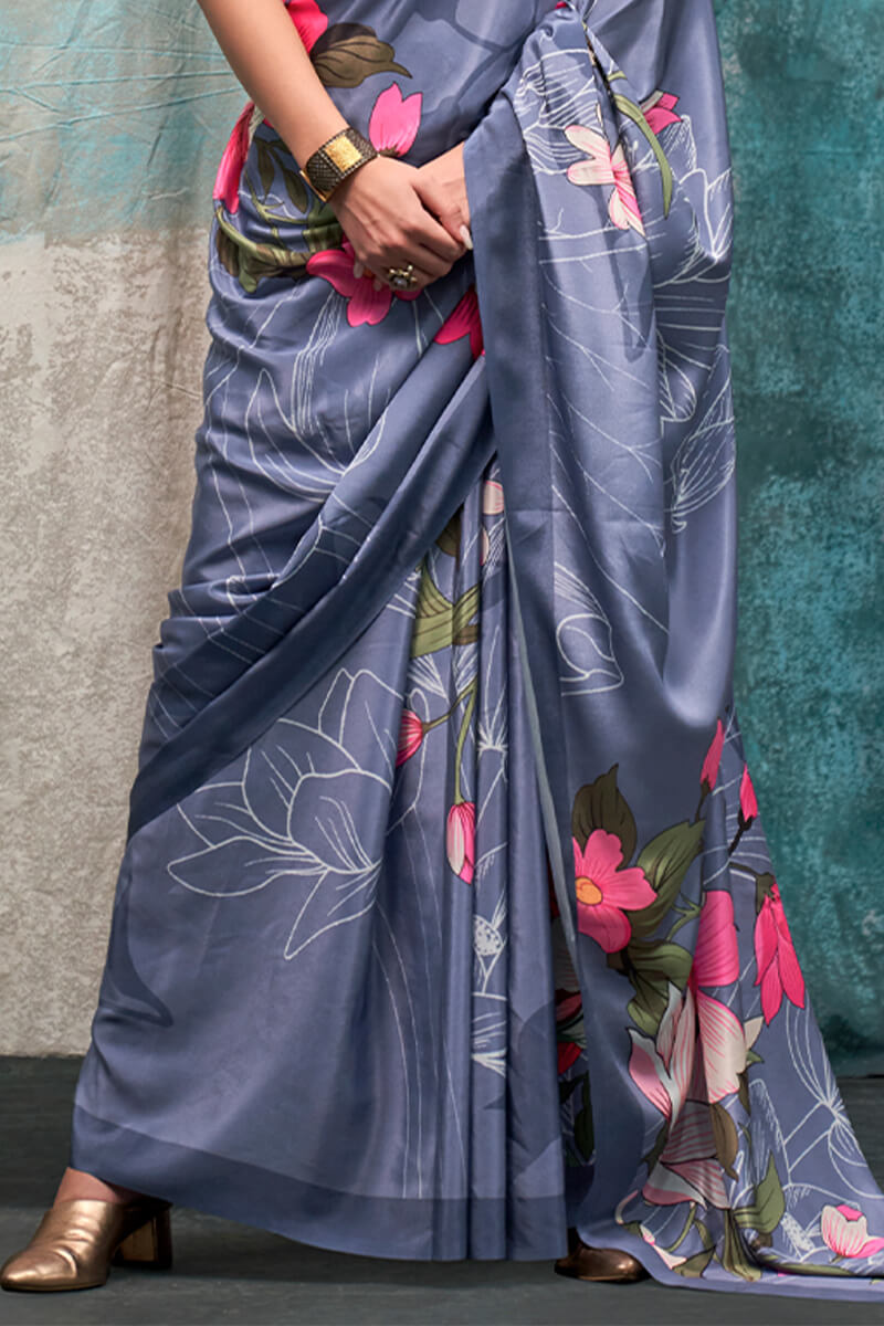 Purplish Grey Printed Crape Silk Saree