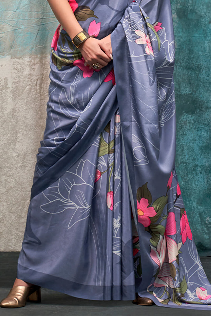 Purplish Grey Printed Crape Silk Saree