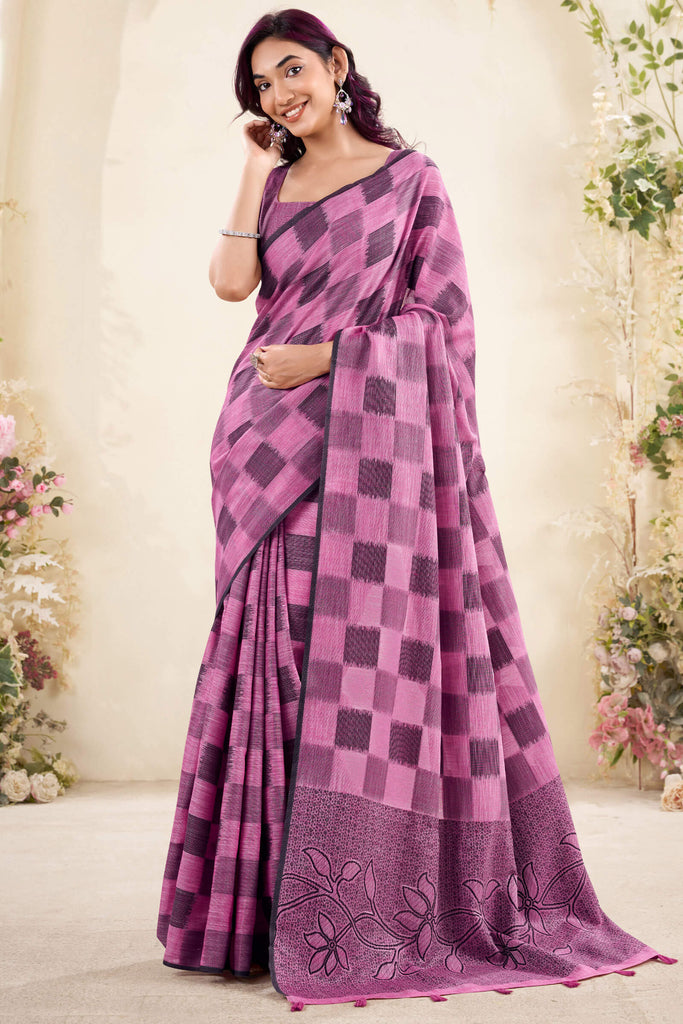 Purplish Pink Zari Woven Linen Silk Saree