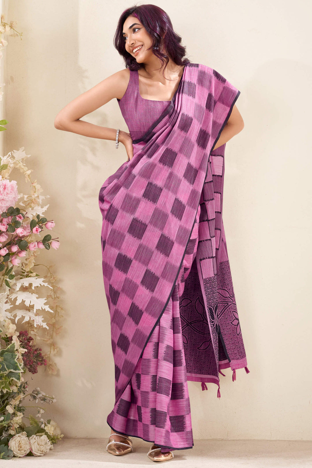 Purplish Pink Zari Woven Linen Silk Saree