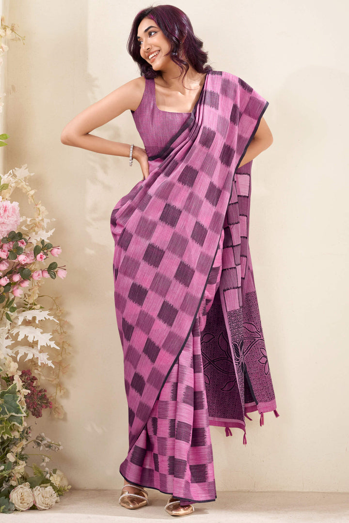 Purplish Pink Zari Woven Linen Silk Saree