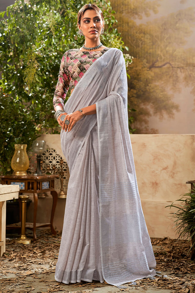 Quill Grey Linen Cotton Silk Saree With Printed Blouse