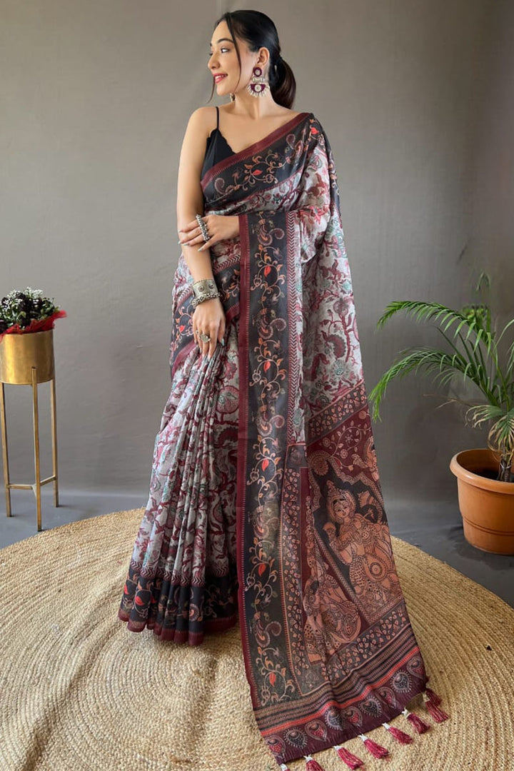 Quill Grey Printed Soft Silk Saree