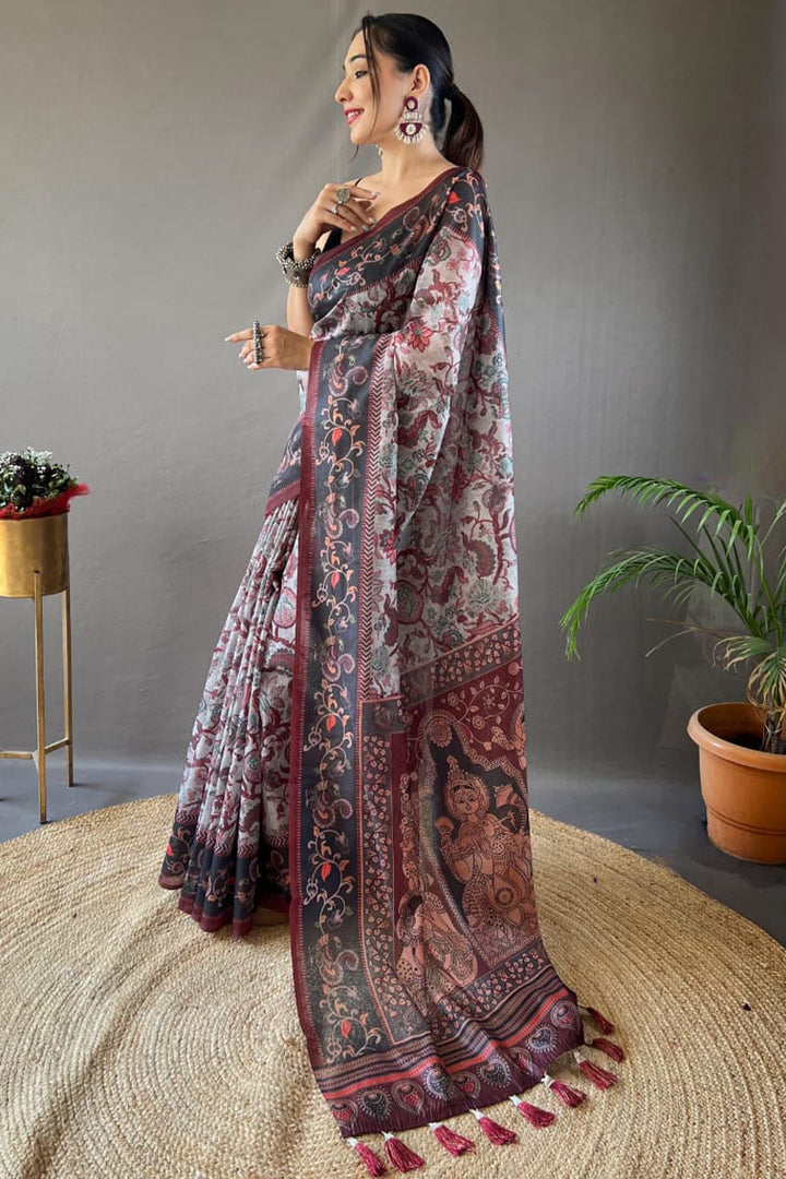 Quill Grey Printed Soft Silk Saree