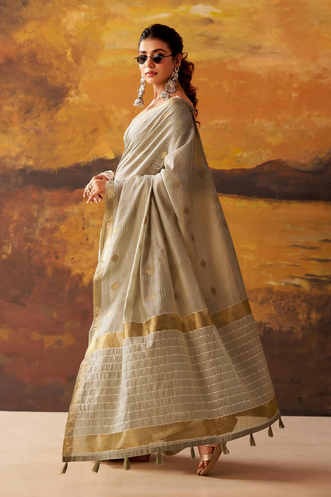 Quill Grey Zari Woven Cotton Silk Saree