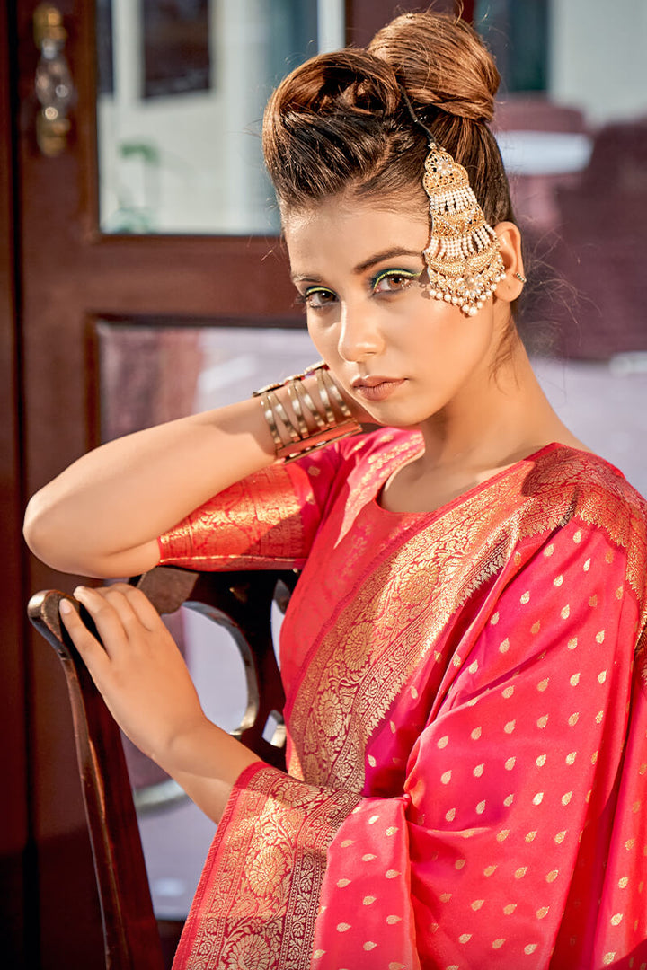 Radical Pink Zari Woven Banarasi Silk Saree