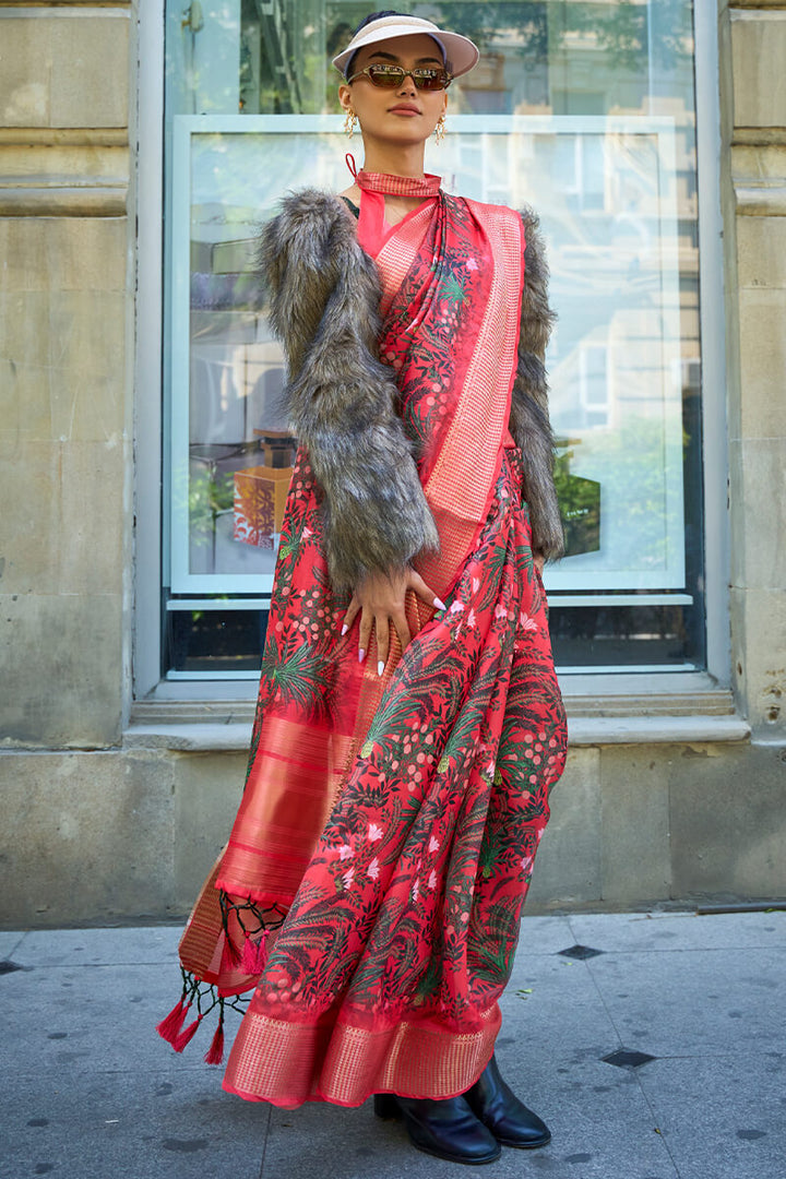 Radical Red Organza Printed Satin Silk Saree