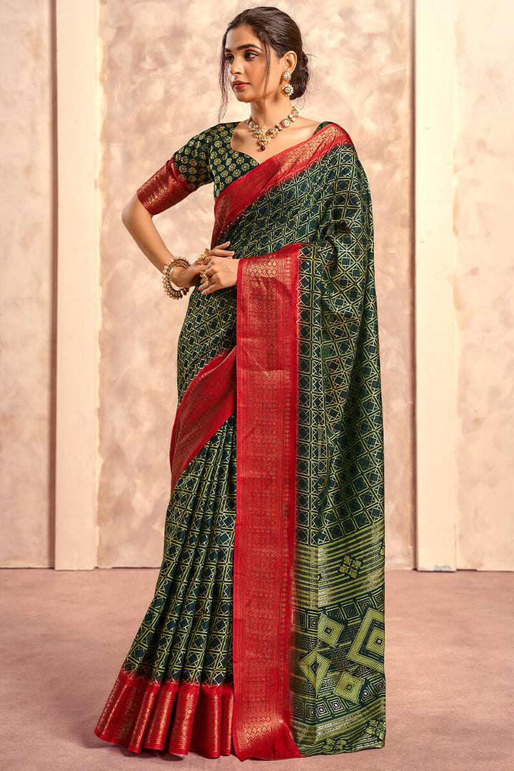 Rangoon Green Foil Printed Dola Silk Saree