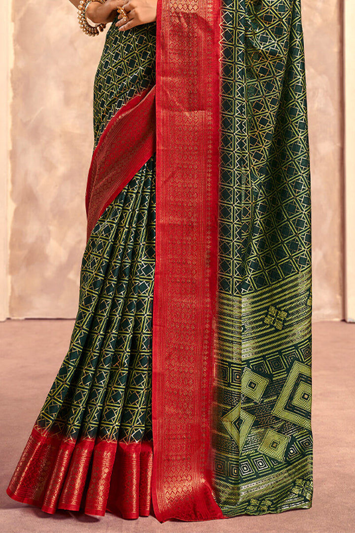 Rangoon Green Foil Printed Dola Silk Saree