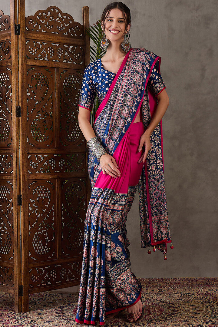 Raspberry Pink Ajrakh Printed Satin Silk Saree