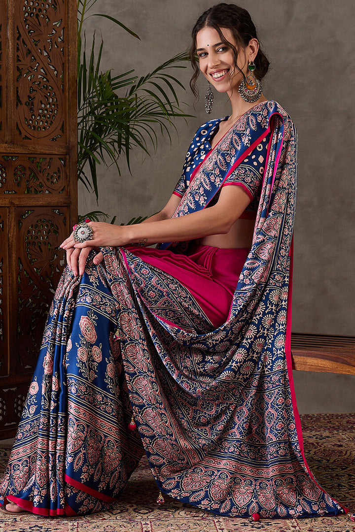 Raspberry Pink Ajrakh Printed Satin Silk Saree
