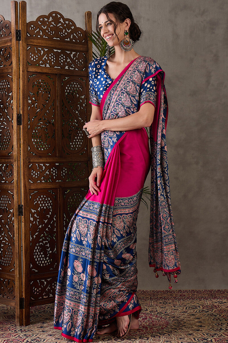 Raspberry Pink Ajrakh Printed Satin Silk Saree