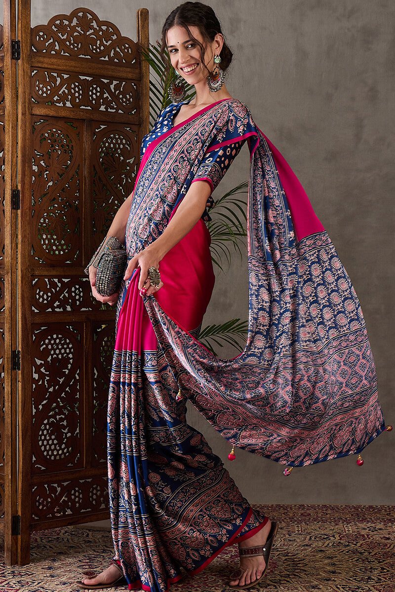 Raspberry Pink Ajrakh Printed Satin Silk Saree