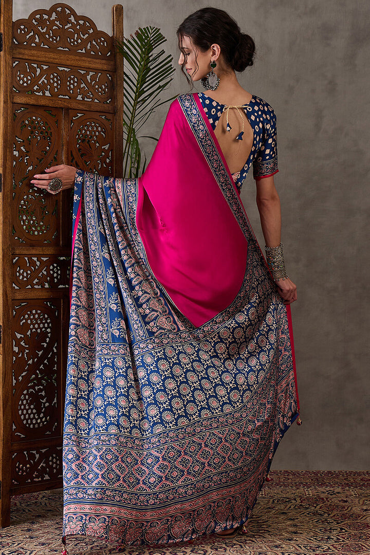 Raspberry Pink Ajrakh Printed Satin Silk Saree
