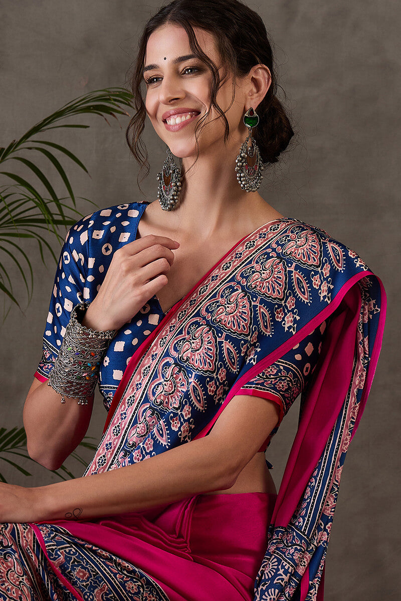 Raspberry Pink Ajrakh Printed Satin Silk Saree