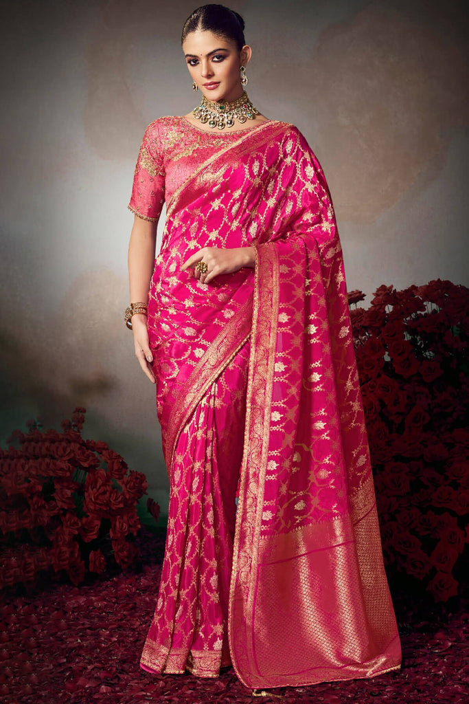 Raspberry Pink Banarasi Silk Saree with Designer Blouse Piece