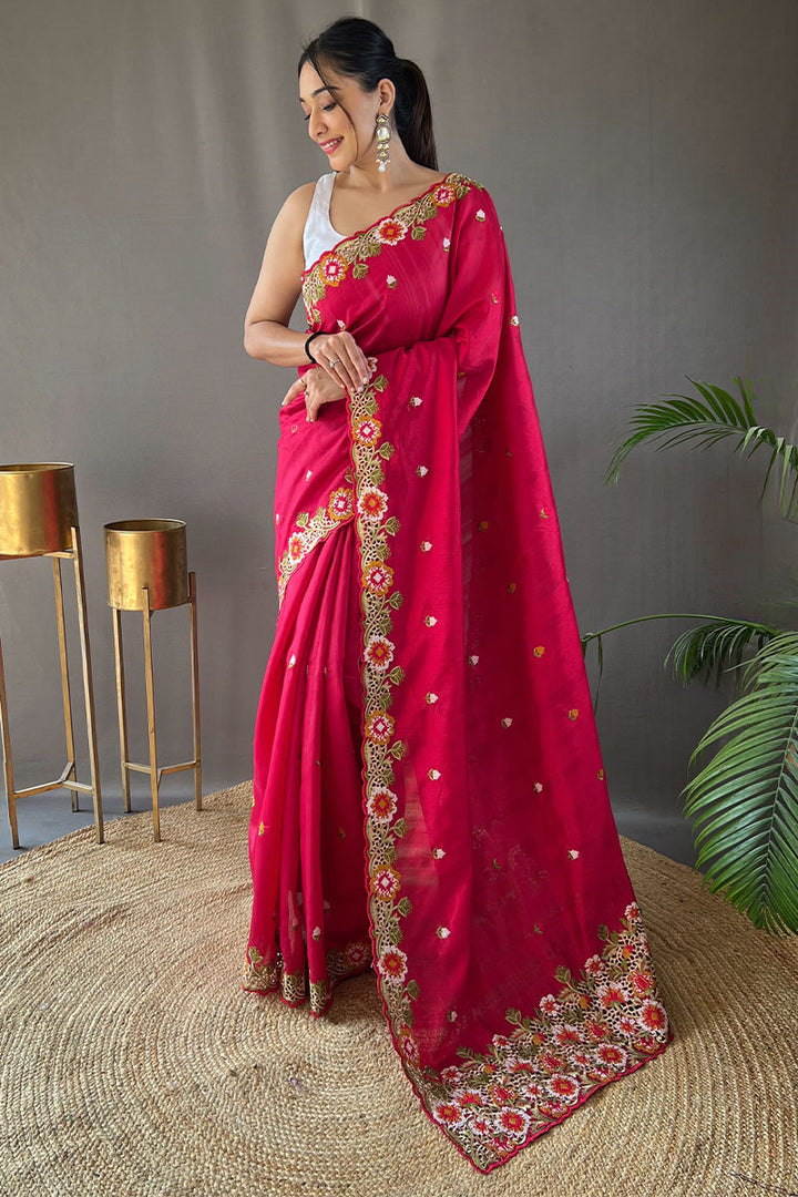 Raspberry Pink Embroidered Work Tussar Silk Saree