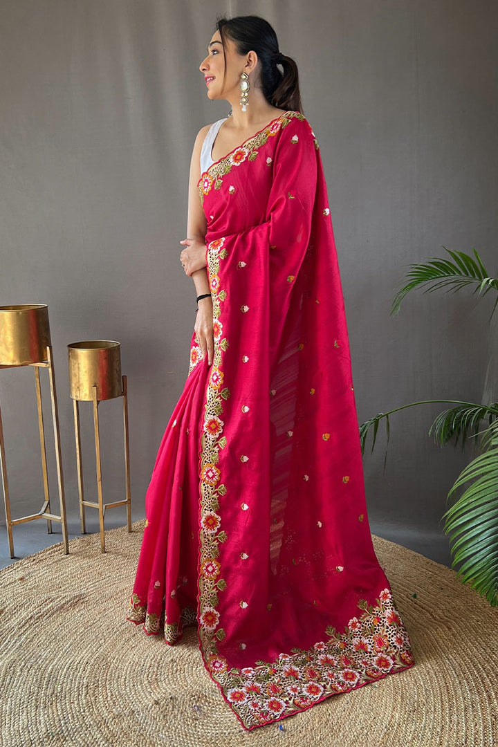 Raspberry Pink Embroidered Work Tussar Silk Saree