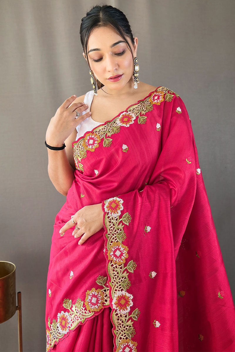 Raspberry Pink Embroidered Work Tussar Silk Saree