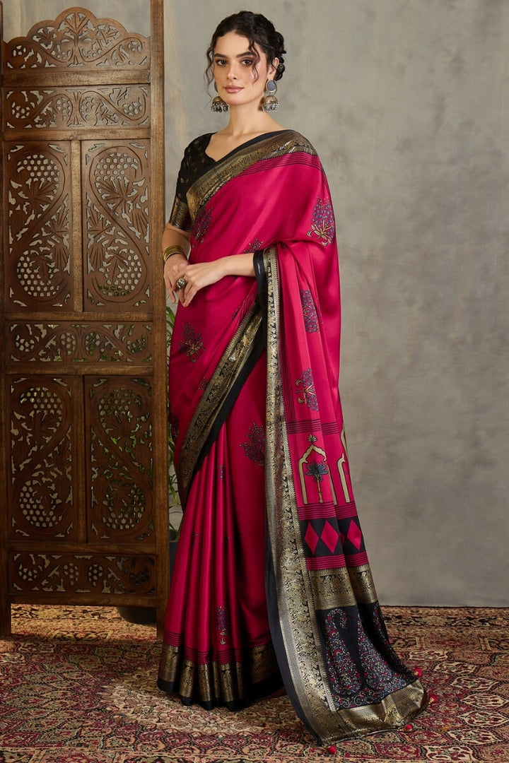Raspberry Pink Printed Satin Silk Saree with Zari woven Border and Pallu