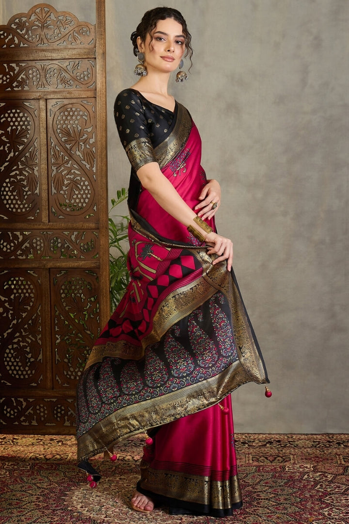 Raspberry Pink Printed Satin Silk Saree with Zari woven Border and Pallu