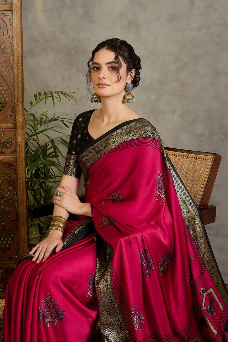 Raspberry Pink Printed Satin Silk Saree with Zari woven Border and Pallu