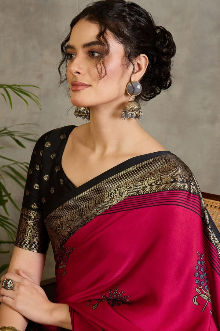 Raspberry Pink Printed Satin Silk Saree with Zari woven Border and Pallu