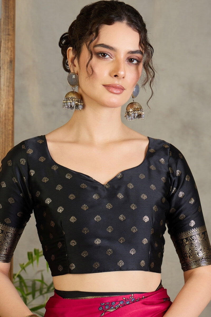 Raspberry Pink Printed Satin Silk Saree with Zari woven Border and Pallu