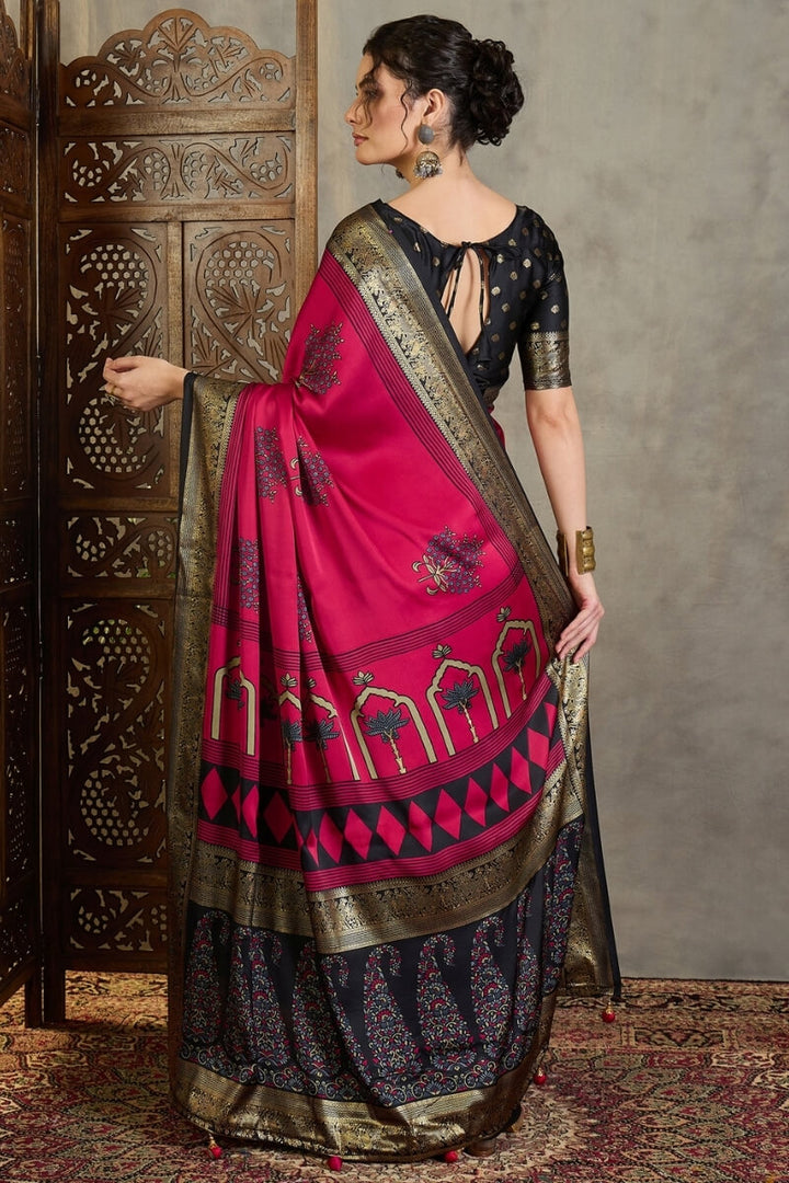 Raspberry Pink Printed Satin Silk Saree with Zari woven Border and Pallu