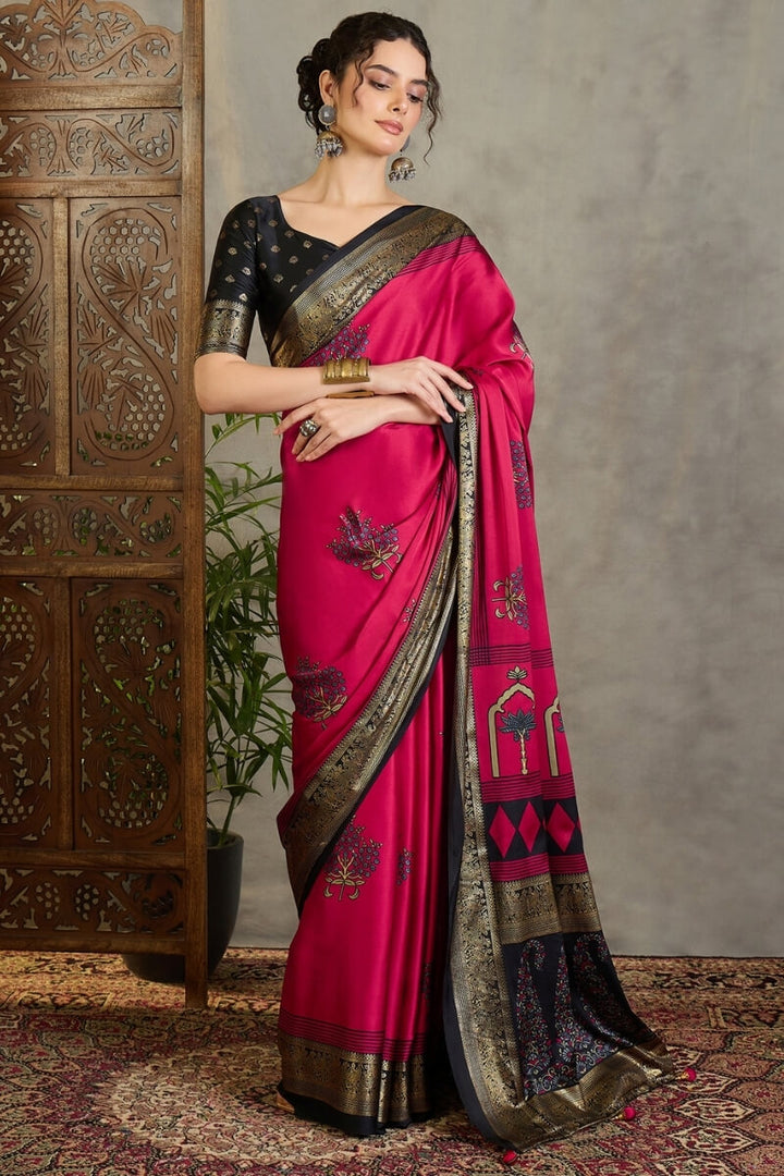 Raspberry Pink Printed Satin Silk Saree with Zari woven Border and Pallu