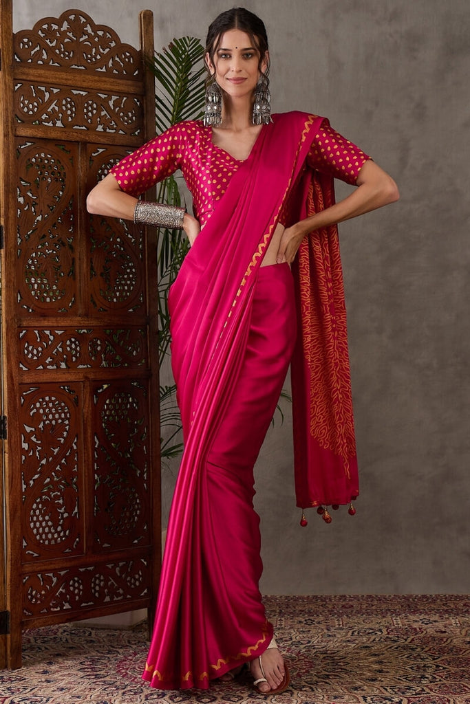 Raspberry Pink Printed Satin Silk Saree