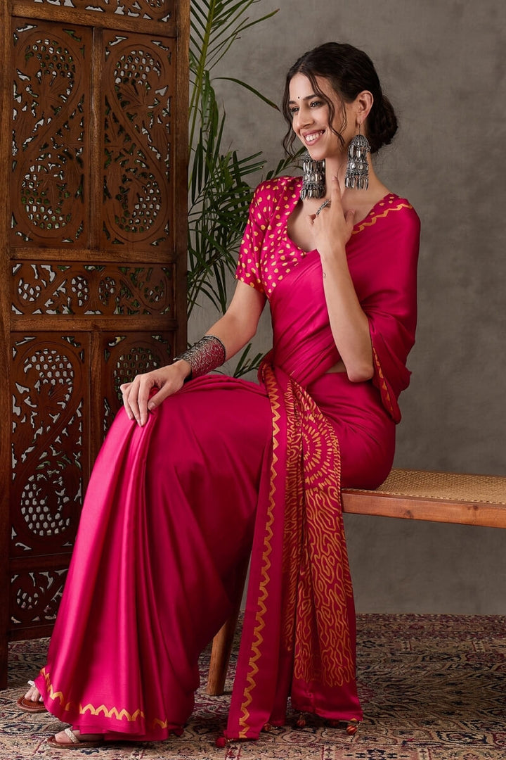 Raspberry Pink Printed Satin Silk Saree