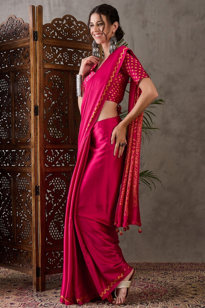 Raspberry Pink Printed Satin Silk Saree