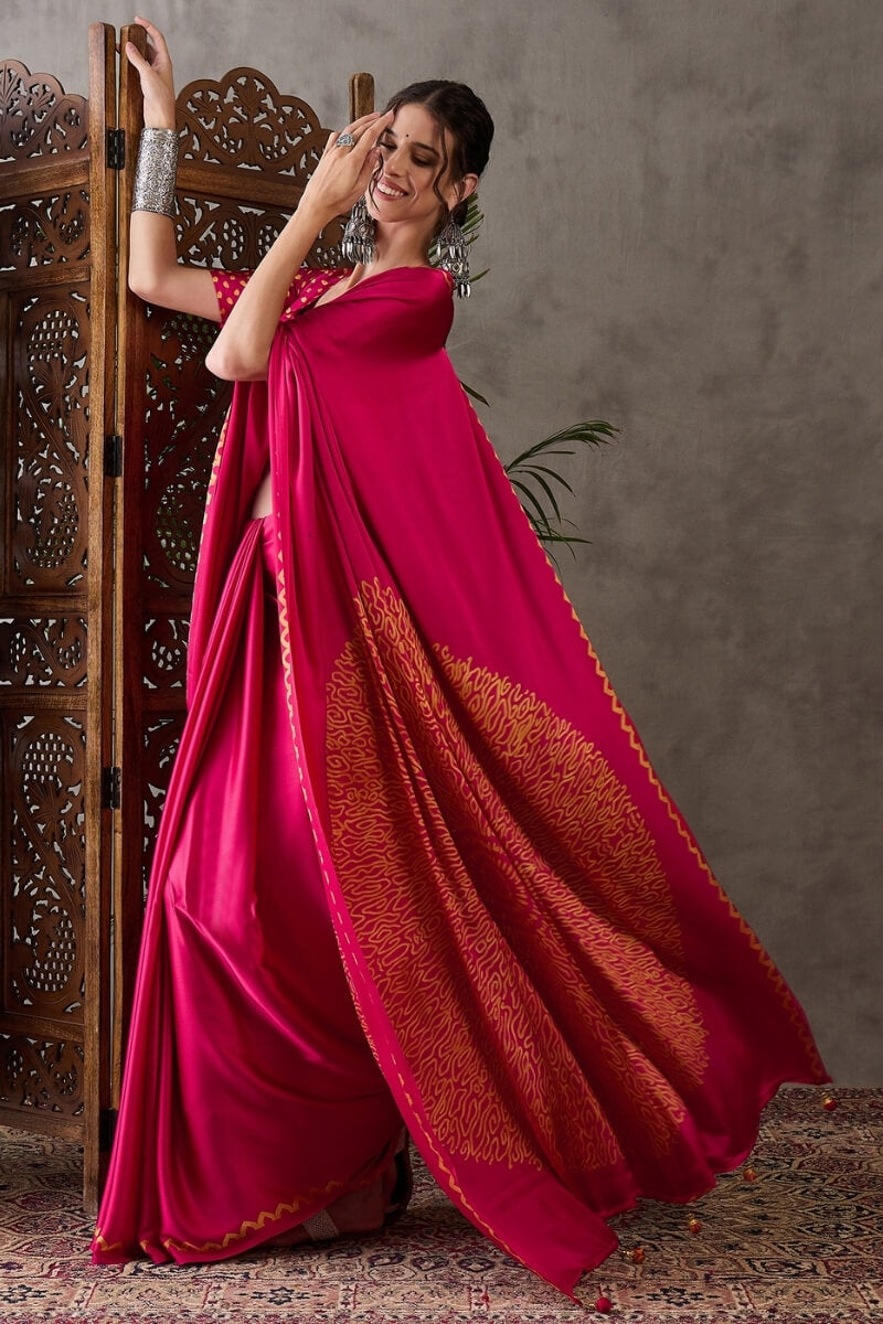 Raspberry Pink Printed Satin Silk Saree